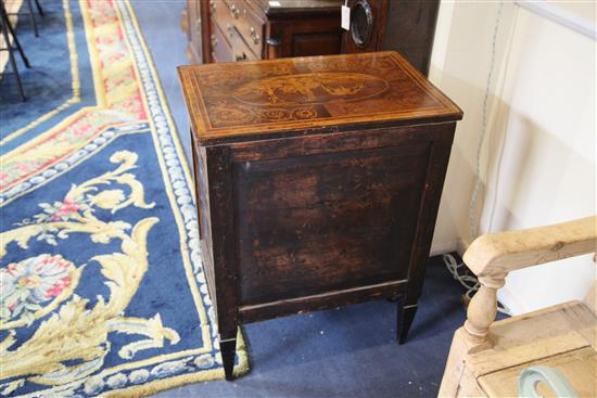 A late 18th century North Italian walnut and pictorial marquetry petit commode, W.2ft .5in. D.1ft 3.75in. H.2ft 8in.